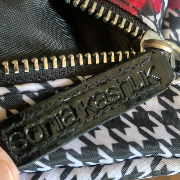 SONIA KASHUK bag, pink roses on black/white houndstooth check, silver zipper EUC - Picture 9 of 17